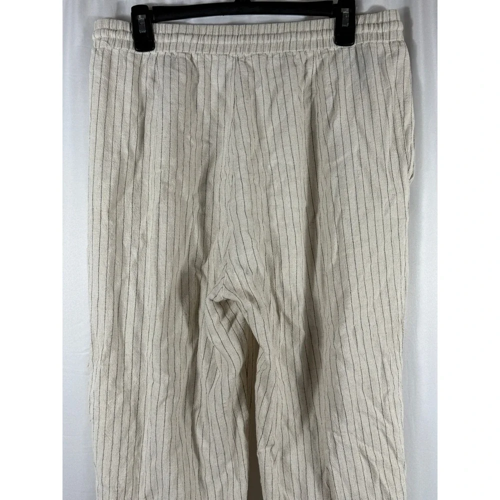 ZARA Linen Blend Striped Drawstring Waist‎ Wide Leg Pants Women L Beige Black